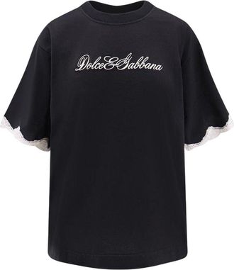 Dolce & Gabbana T-Shirt Girocollo Con Logo Ricamato Nero Da Donna-Donna