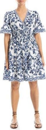 Max Studio Short Sleeve Tiered Crepe Dress in Cream/Blue at Nordstrom Rack, Size X-Large