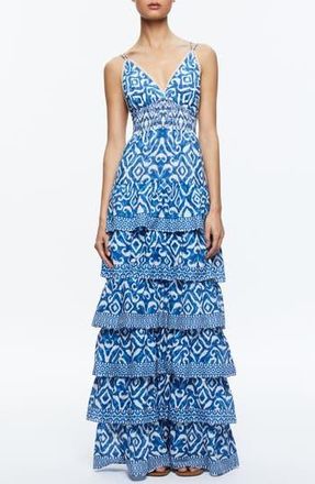 Alice & Olivia Imogene Ikat Print Tiered Open Back Maxi Dress in Artisan Ikat French Blue at Nordstrom Rack, Size 10