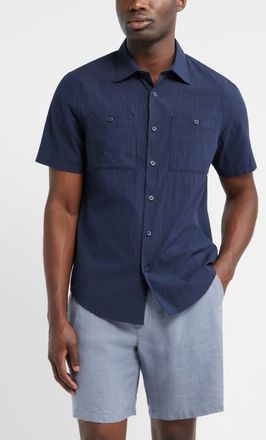 Nordstrom Solid Short Sleeve Cotton Blend Seersucker Button-Up Shirt in Navy Sapphire at Nordstrom, Size Xx-Large