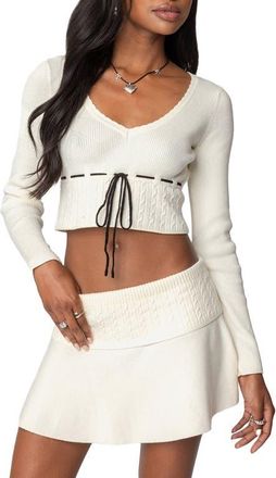Edikted Andie Crop Long Sleeve Knit Top in Cream at Nordstrom, Size X-Small