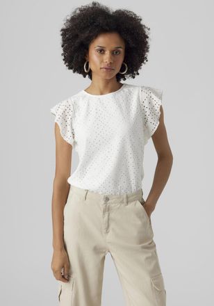 Vero Moda Rundhalsshirt VERO MODA VMTASSA SL FRILL TOP NOOS, Damen, Gr. XS, weiss (snow wei&szlig;), Jersey, Obermaterial: 95% Polyester, 5% Elasthan, loose fit norma