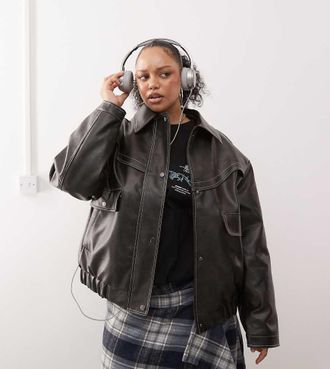 Collusion Curve leather look bomber in brown