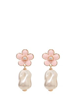 Self Portrait Floral Design Pearl Earrings With Zircon Accents