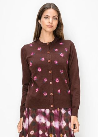 YAL New York Burgundy Cardigan with Pink Floral Embroidery