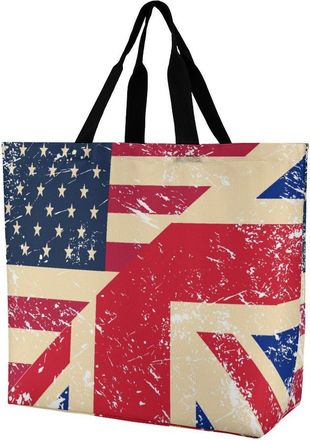 Generic U.S.A And Birtish Vintage Flag Reusable Shopping Bags One Shoulder Grocery Tote Bag Waterproof Big Purse for Work Travel