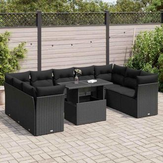 vidaXL Set De Sof&aacute;s De Jard&iacute;n Y Cojines 10 Pzas Rat&aacute;n Sint&eacute;tico Negro Vidaxl