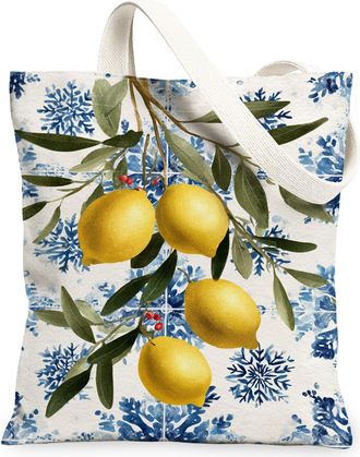 Generic Winter Floral Canvas Tote Bags, Lemon Pattern Reusable Grocery Bags, Vintage Lightweight Washable Shoulder Strap Canvas for, Yellow, 13x15 Inch