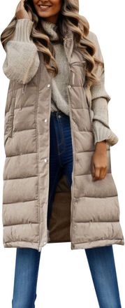 Generic Womens Fleece Long Gilets Ladies Winter Pu ffer Coats Longline Hooded Quilted Jacket Plus Size Par ka Zip Up Outwear Sleeveless Down Body Warmer Padde