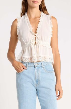 Wayf Norah Lace Trim Tie Front Top in Ivory at Nordstrom, Size X-Small