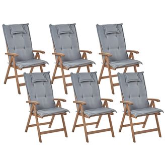 Beliani Conjunto De 6 Sillas De Jard&iacute;n R&uacute;sticas De Madera De Acacia Natural Ajustables Plegables Con Reposabrazos De Madera Oscura Cojines Grises Amantea