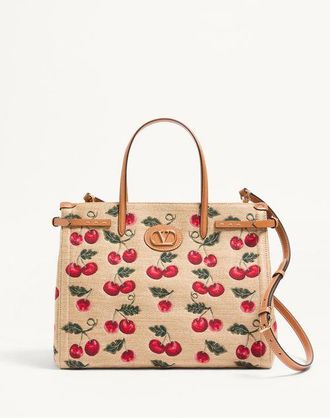 Valentino Garavani Valentino Garavani Antibes Medium Shopping Bag In Jacquard Raffia With Cherryfic Motif Wo