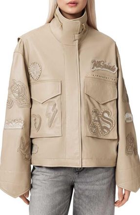 AllSaints Logo Patch Jacket in Taupe Brown at Nordstrom, Size X-Small