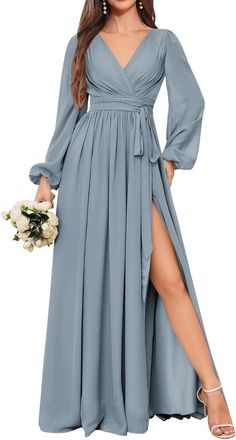 Generic Dusty Blue Bridesmaid Dresses with Sleeves for Women Side Slit Sashes Chiffon Long Sleeve Formal Dress Evening Gown UK8