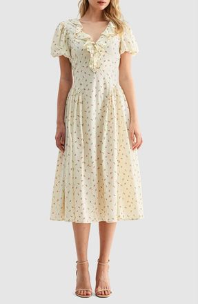 Lush Ruffle Puff Sleeve Midi Dress in Cream Red Ditsy at Nordstrom Rack, Size Medium