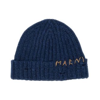 Marni Beanies, male, Blue, Size: L Ribbed Beanie with Hand-Embroidered Logo