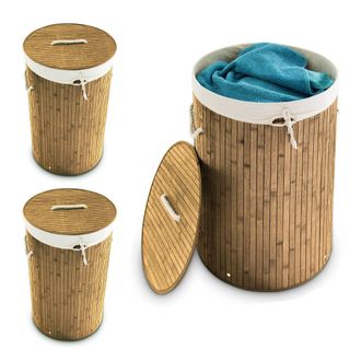Relaxdays 3 Cestos Ropa Sucia Con Tapa, Redondo, Cubo Colada, Canasta Plegable, Bamb&uacute;, 70 L, &Oslash; 41 Cm, Marr&oacute;n Natural