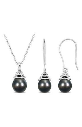 Delmar Cultured Freshwater Pearl Pendant Necklace & Drop Earrings Set in Black at Nordstrom Rack
