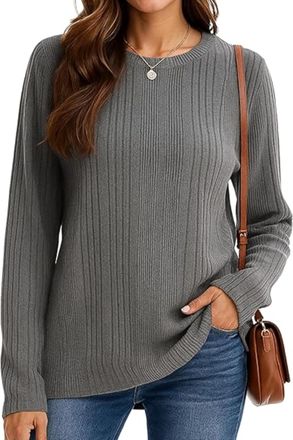 Re Tech UK Cozy Womens Ribbed Knitted Long Sleeve Jumper Top - Perfect for Autumn Winter - Ladies Sweaters - Warm Sweatshirt - Casual Round Neck, Light Grey, ml