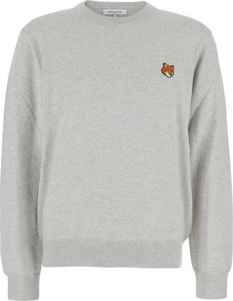 Maison Kitsun&eacute; Trui met ronde hals en vosjespatch - Heren - Ronde hals truien - Grijs - L - Wol - Truien & Vesten