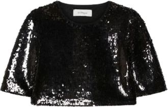 Sportmax Vongola Cropped Top van geplooide tule met pailletten - Dames - Blouses - Zwart - M - Tule - Overhemden