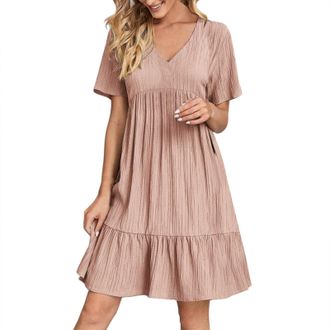 Generic Elegant Midi Dresses for Women UK, Tiered Dresses Pleated Dress A-Line Dress V Neck Short Sleeve Sundresses Knee Length Sundresses Solid Color Sundres