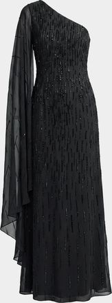 Mac Duggal Beaded Mesh One-Sleeve Column Gown