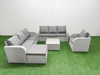 Fimous 8 Seater Poly Rattan Outdoor Garden Furniture Square Coffee Table Sofa Set Patio 3 Seater Sofa Reclining Chair 3 Seater Sofa Big Footstool