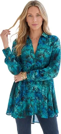 Roaman's Hand Crinkled Fit And Flare Tunic in Deep Turquoise Tie Dye Floral at Nordstrom, Size 38