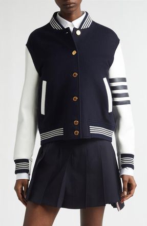 Thom Browne 4-Bar Wool & Leather Varsity Jacket in Navy at Nordstrom, Size 10 Us