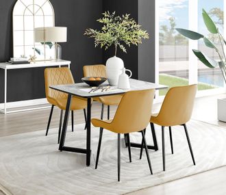 Furniturebox Carson White Marble Effect Dining Table & 4 Pesaro Black Leg Chairs in Mustard