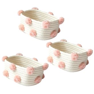 OEM 3 Cestas De Almacenamiento De Algod&oacute;n Tejido Con Pompones Decorativos, Accesorios De Acabado, Caja Rosa