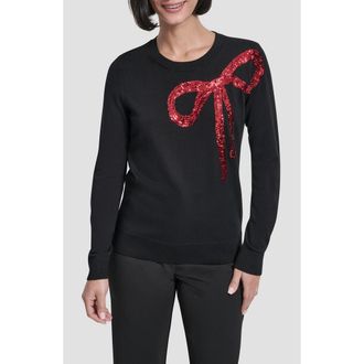 DKNY Sequin Bow Embellished Crewneck Sweater in Black/City Crimson at Nordstrom Rack, Size X-Small