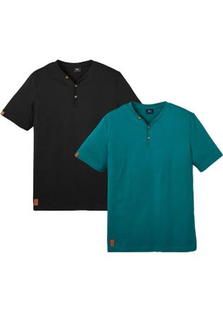 Bonprix Henleyshirt BONPRIX Henleyshirt (2er Pack) aus reiner Baumwolle, Herren, Gr. 60/62 (XXL), schwarz (schwarz, petrol), Obermaterial: 100% Baumwolle, reg