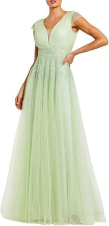 Mac Duggal Embellished Tullle Cap Sleeve V Neck Evening Gown in Sage at Nordstrom, Size 14