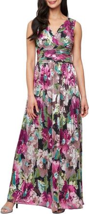 S.L. Fashions Metallic Floral Surplice Neck Gown in Purple Multi at Nordstrom, Size 16P