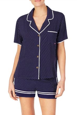 Kensie Notched Collar Front Patch Pocket Sleep Pajama Shirt In Navy