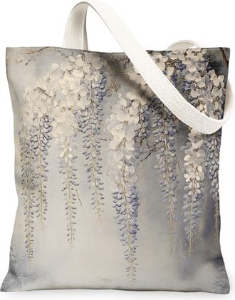 Generic Spring Wisteria Flower Canvas Tote Bag for Shopping 13x15, Vintage Luxury Art Floral Reusable Grocery Print Pattern Bag for Women, Aesthetic Beach Aes