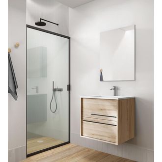 Saniclass Prime Essential Badkamermeubelset - 60x55x46cm - 1 rechthoekige wasbak wit - 1 kraangat - 2 lades - rechthoekige spiegel - licht eiken