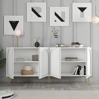 Dmora Aparador Torno, Mueble 2 Estantes, 4 Puertas, 4 Compartimentos, 180x35x80h Cm Blanco