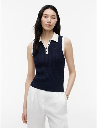 Tommy Hilfiger Womens Sleeveless Cable Knit Sweater Polo - Navy - L