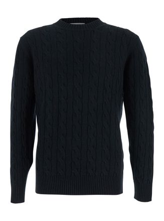 Kangra Cashmere Black Crew Neck Sweater With Braided Design In Wool Man