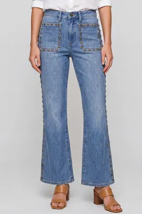 Liverpool L.A. Hannah Studded Pocket Flare Jeans in Bronzed Blue at Nordstrom, Size 10
