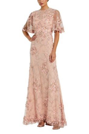 Mac Duggal Womens Flutter Sleeve Floral Emboridered Net Gown in Rose at Nordstrom, Size 18
