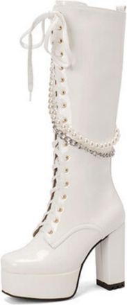 Generic Womens Lace Up Knee High Boots with Side Zipper Patent Leather Long Boots with Pearl Chunky Heel Platform Knight Boot,White,2.5 UK