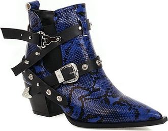 Generic Womens Ankle Boots Snakeskin Print Multi Buckle Studded Pointed Toe Block Heels Comfortable Non Slip Durable for Party Night Out Street Fashion,Blue,4