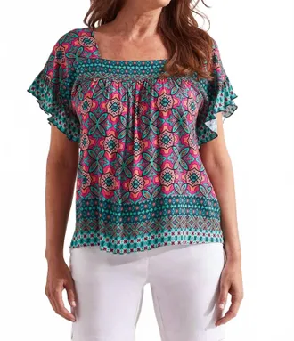 Tribal Peggy Printed Square Neck Blouse In Atlantic