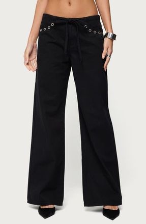 Edikted Grommet Low Rise Wide Leg Jeans in Black-Washed at Nordstrom, Size X-Small