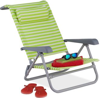 Relaxdays Relaxdays - Tumbona Playa Plegable, Reclinable, 8 Niveles, Silla Piscina Reposacabezas, Abrebotellas, Rayas, Verde, Blanco
