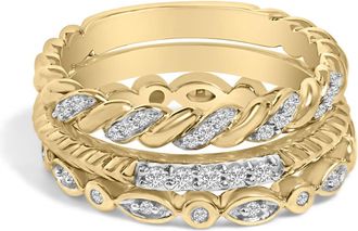 House of Brilliance 14K Yellow Gold Plated Sterling Silver 1/4 Cttw Diamond Twist Leaf Stackable Ring Set
